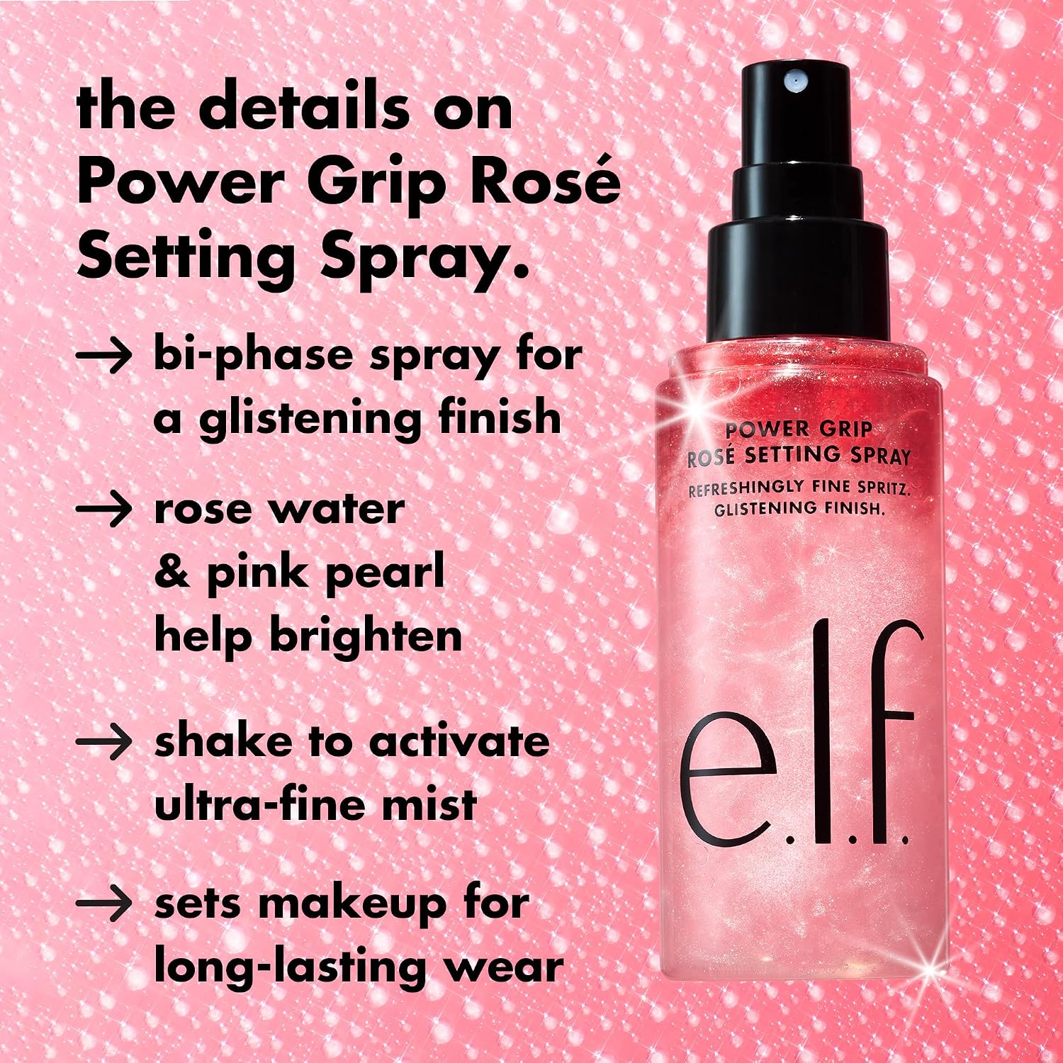 e.l.f. Power Grip Rosé Setting Spray, Bright & Glassy Finish, Pearl Powder - Image 2